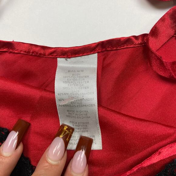 Red satin and black lace trim slip dress size medium - Picture 3 of 4